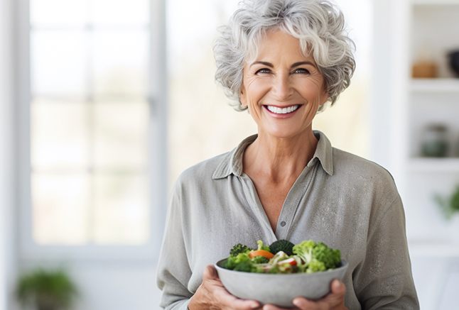 Woman smiling and eating a bowl of vegetables after seeing an Aetna dentist in Flower Mound