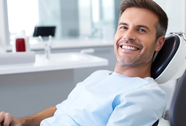 happy male patient reclining in dental treatment chair