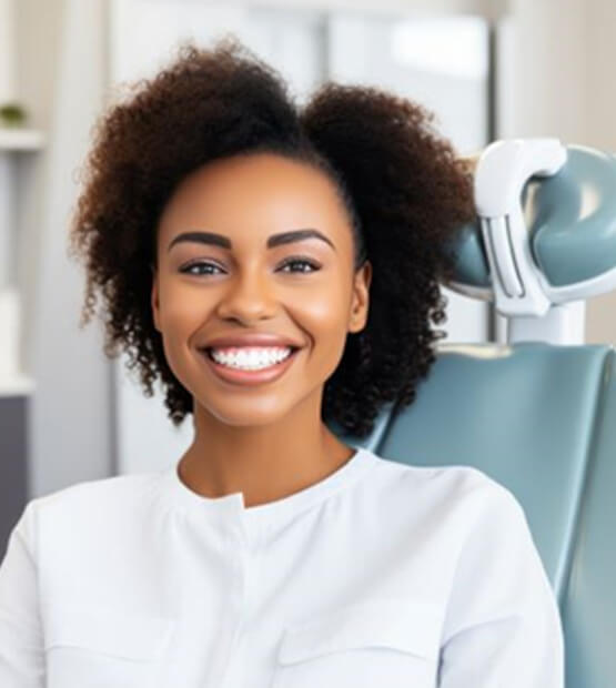 dental patient in treatment chair with bright, beautiful smile